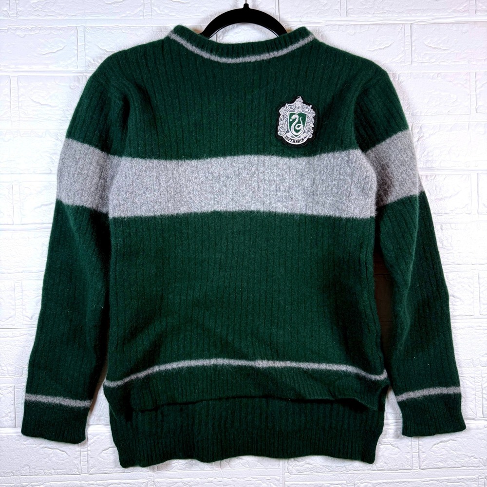 Harry Potter Slytherin Sweater Womens Small Green Grey Striped Knit Pullover